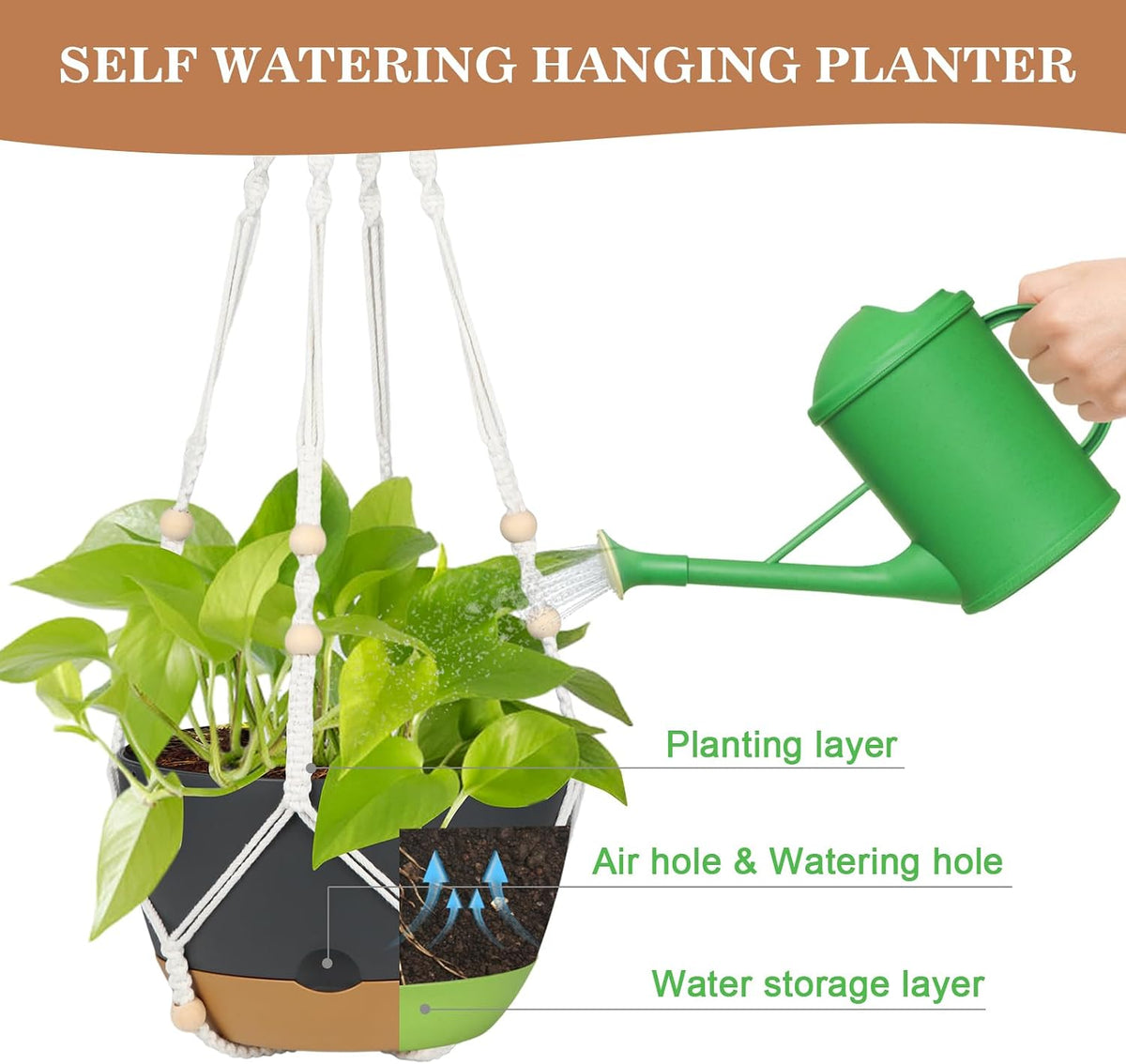 3 Pack Hanging Planters Set, 10inch Self-Watering Hanging Plant Pot, Macrame Plant Hanger with Pot, Chains, S & Ceiling Hooks, Removable Saucer and Drainage Holes for Indoor, Outdoor Plants - Black