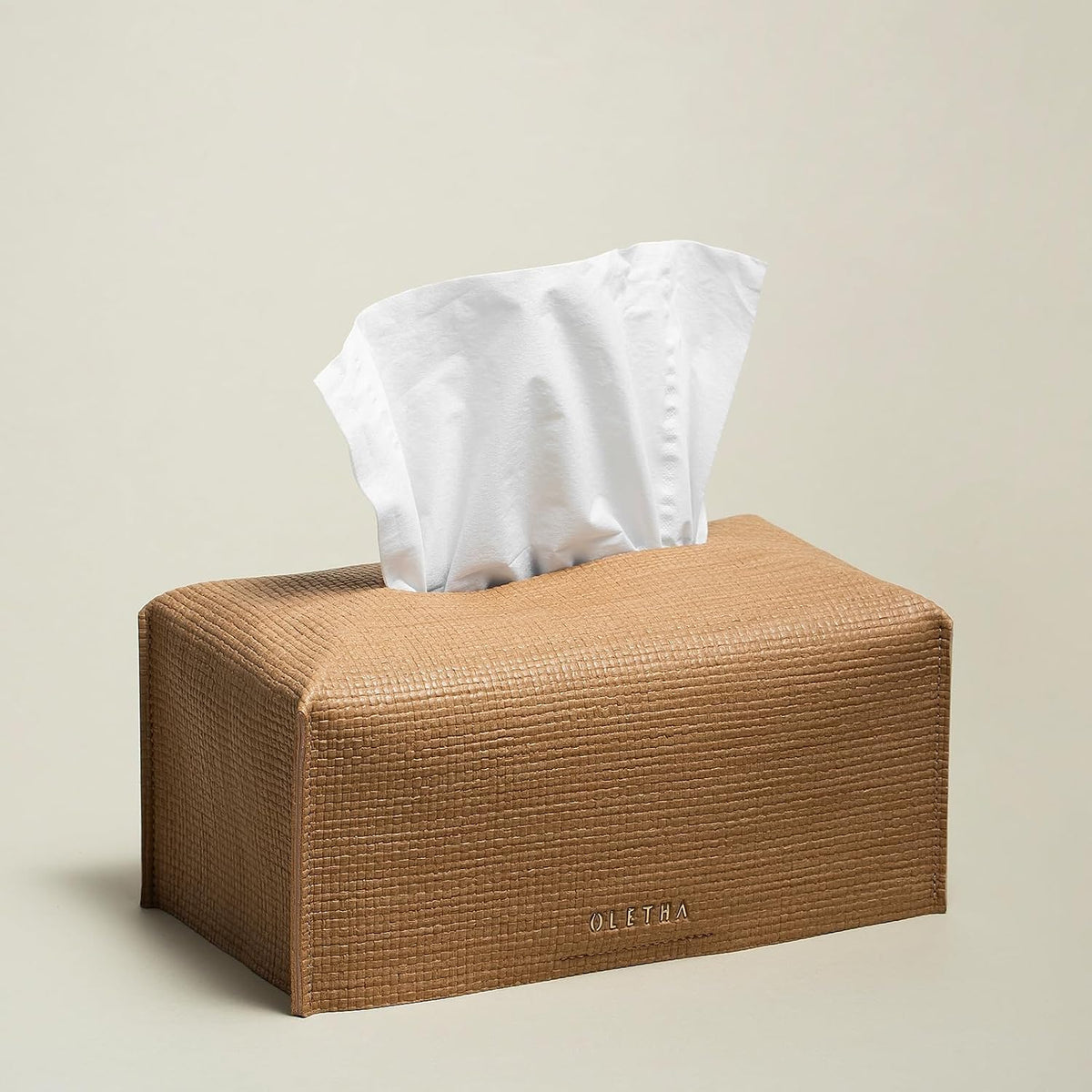 OLETHA Rectangle Tissue Box Cover, Raffia Embossing, Wheat, Large Size
