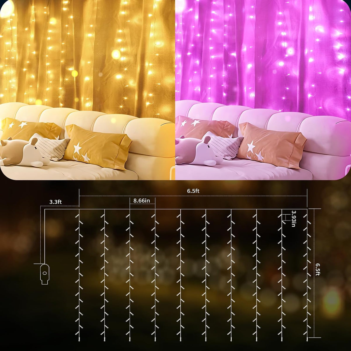 Color Changing Curtain Lights, Pink & Warm White Window String Decor