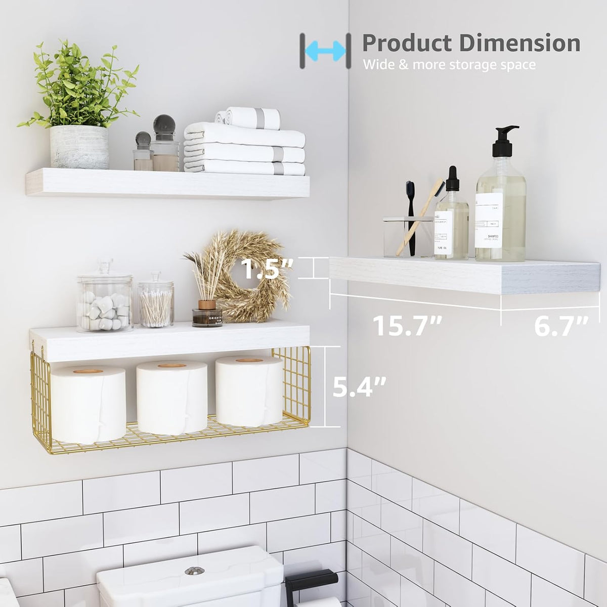 QEEIG Bathroom Shelves Over Toilet Wall (White and Gold, Set of 3, 15.7")