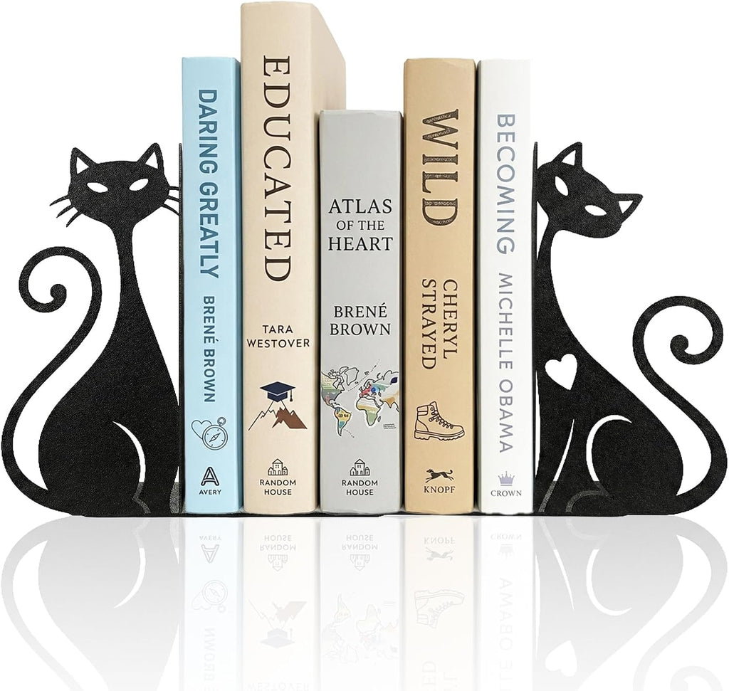 ENCIMART Atomic Cat Bookends for Shelves, Black Metal Decorative Book Ends