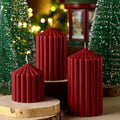 Set of 3 Christmas Ribbed Pillar Candles Soy Wax, 3 Heights, Dark Red