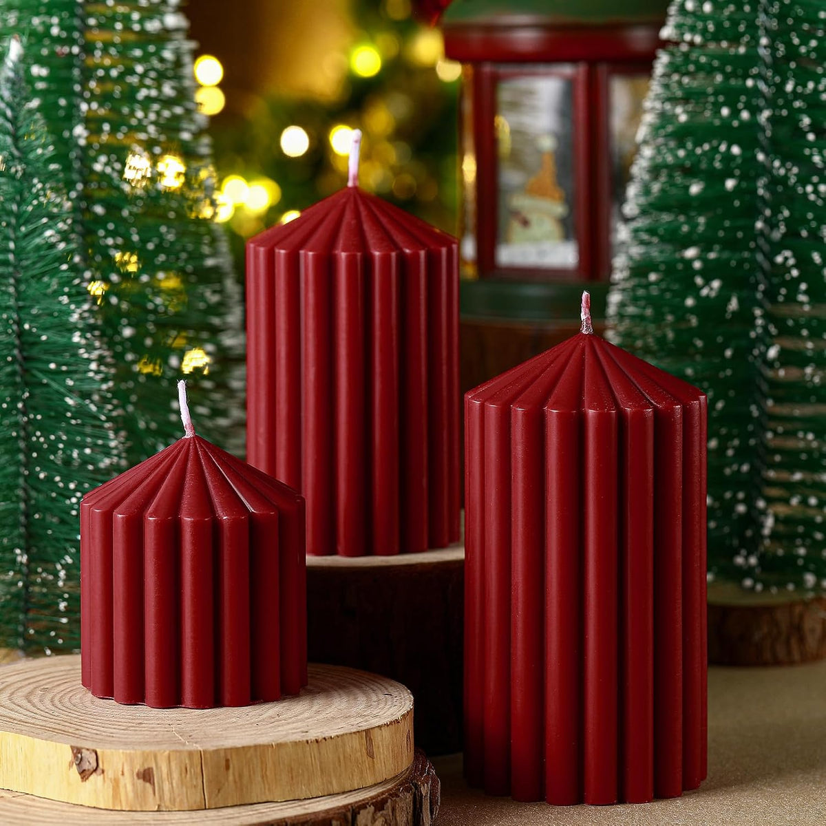 Set of 3 Christmas Ribbed Pillar Candles Soy Wax, 3 Heights, Dark Red