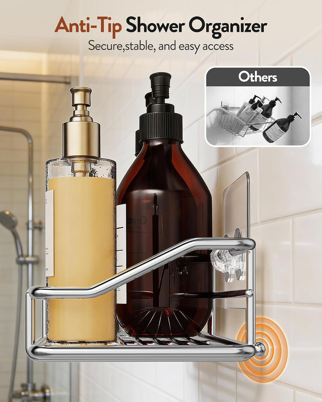 Orimade Bathroom Shelf Organizer Shower Caddy Storage Kitchen Rack with Traceless Transparent Adhesive No Drilling SUS304 Stainless Steel, 15.75 inch, Silver