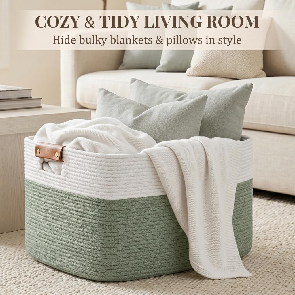 Danpinera 100L Extra Large Blanket Basket for Living Room, White&Sage Green