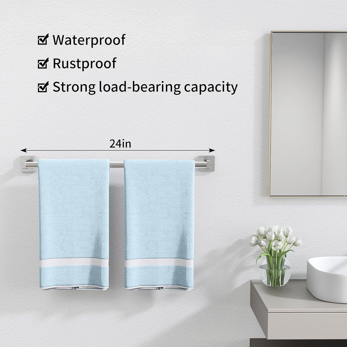 MKO Towel Bar for Bathroom, 24" Wall Mounted Towel Rack, Brushed Nickel