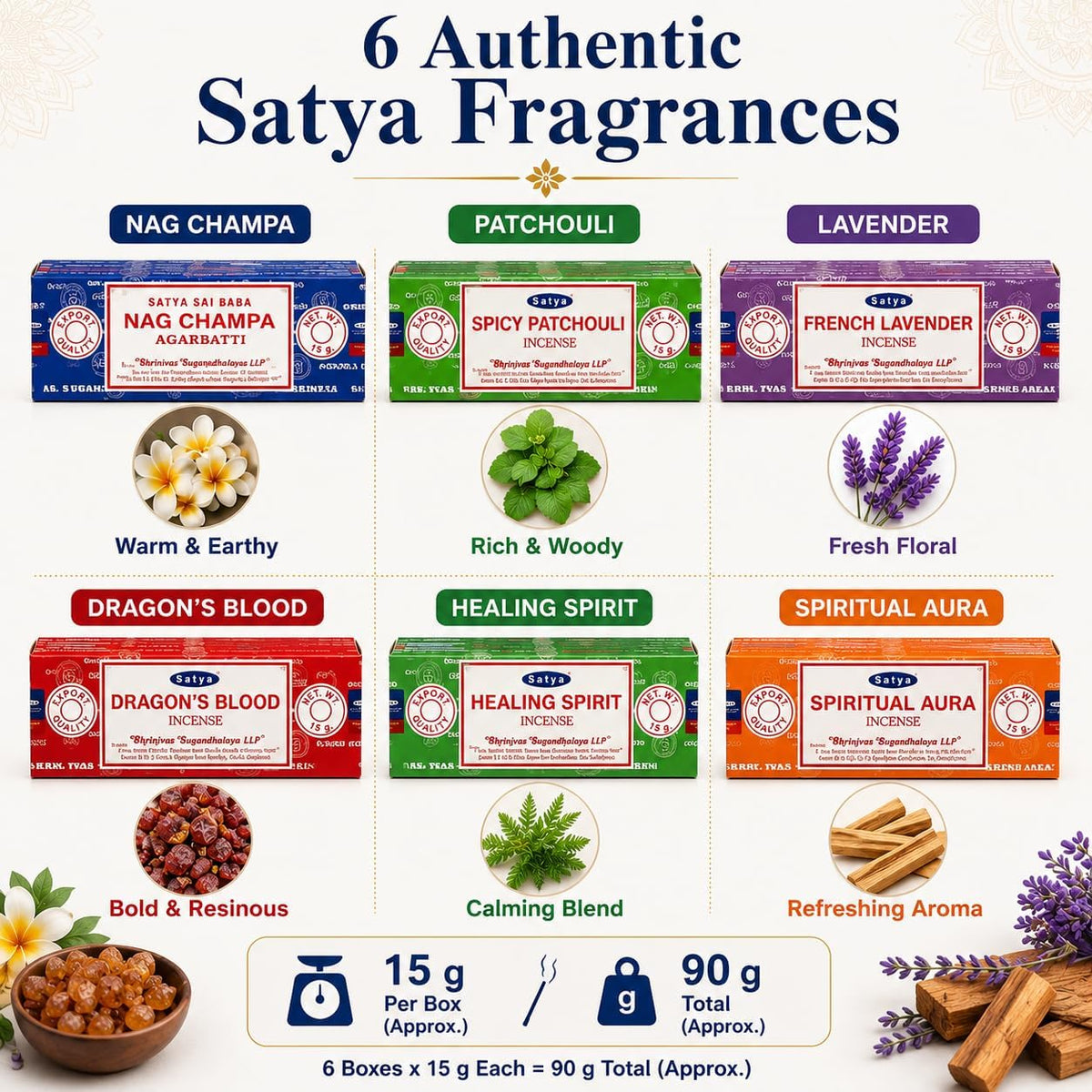 Satya Incense Sticks Variety Pack, Set of 6