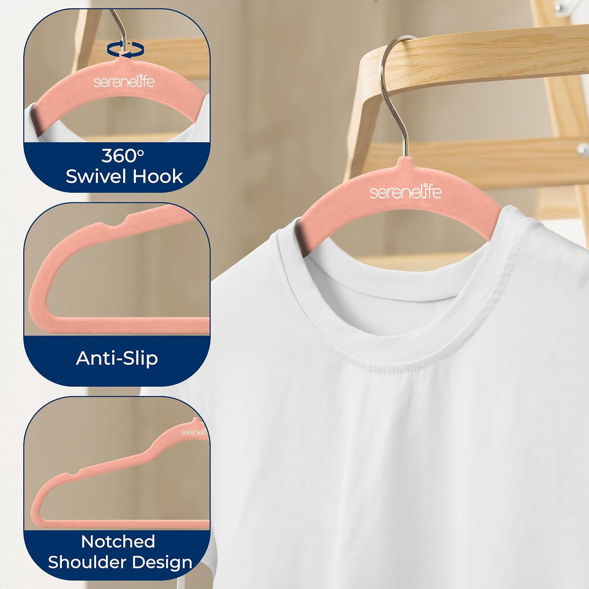 SereneLife 150 Pack Velvet Clothes Hangers | Organize Shirts, Dresses & Coats with Ease | Non-Slip, Lightweight Recycled ABS, 360° Swivel Hook, Ultra-Thin 0.24-Inch Profile, 10 Lbs Capacity | Pink
