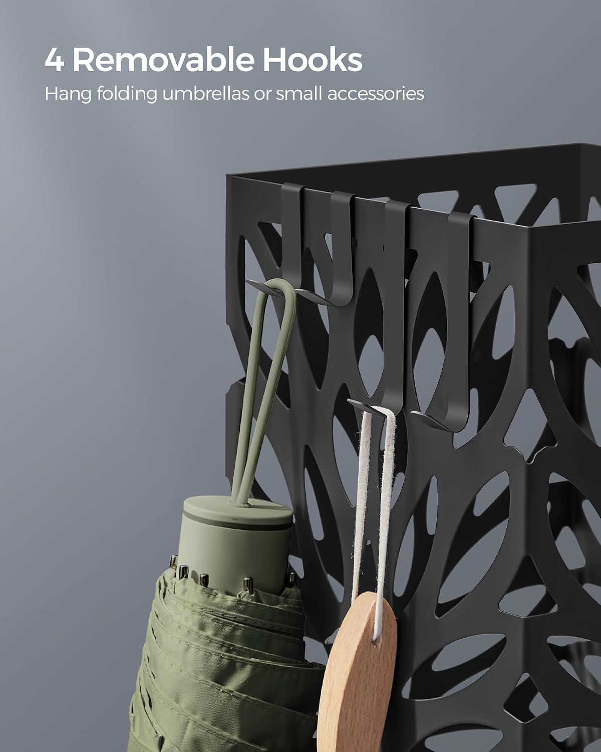 SONGMICS Umbrella Stand, Steel Square, Detachable Drip Tray, 4 Hooks