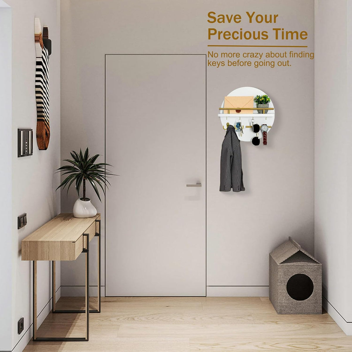 Key Holder Wall Mount with Shelf and Hooks, Mail Organizer for Wall, White