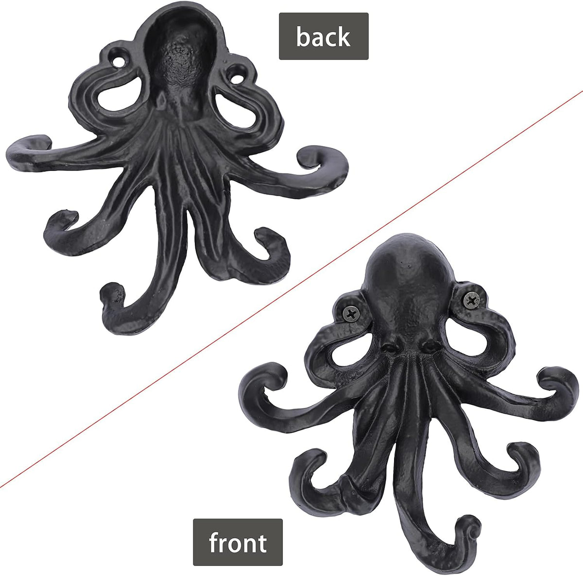 Sumnacon 6 Inch Cast Iron Octopus Coat Hook - Rustic Metal Wall Rack for Key Towel Bag, Hat Scarf with Screws, Decorative Duty Clothing Hanger for Bedroom Bathroom Kitchen Balcony Entry Door, Black