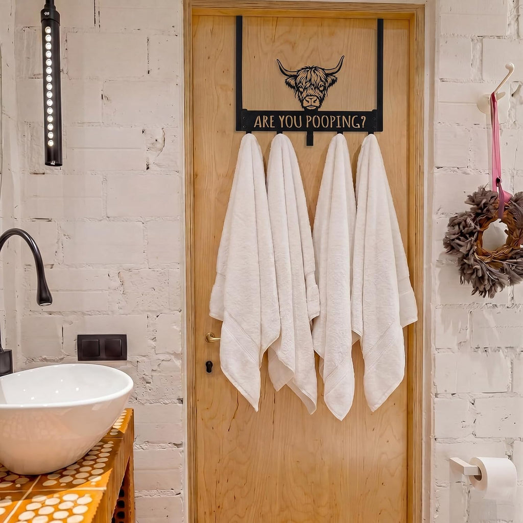 Kathfly Classic Highland Cow Over Door Towel Rack 5 Hooks Black