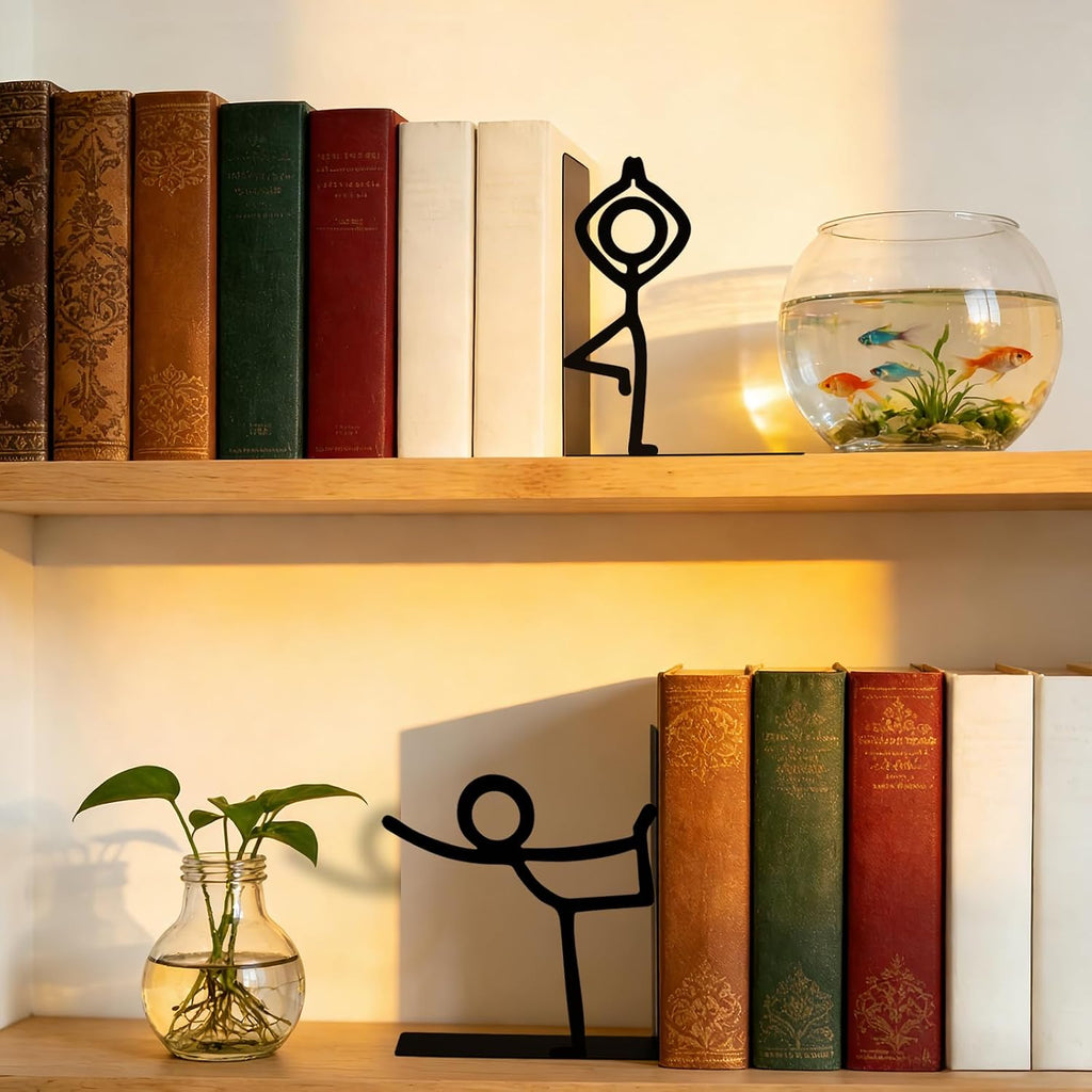 Metal Bookends People Book-end, Decorative Cute Book Ends for Shelves in Home Office Desk, Bookshelf Decor & Gift, Stable Storage (Yoga Dancer Black)