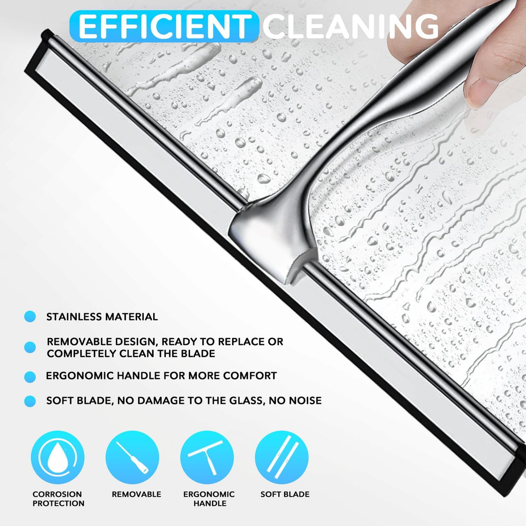 All-Purpose Shower Squeegee with Adhesive Hook for Cleaning Bathroom Glass Doors Car Window Mirrors and Tile Wall, Stainless Steel Handheld Glass Water Wiper Cleaner Removal Scraper Tool (Sliver, 10")