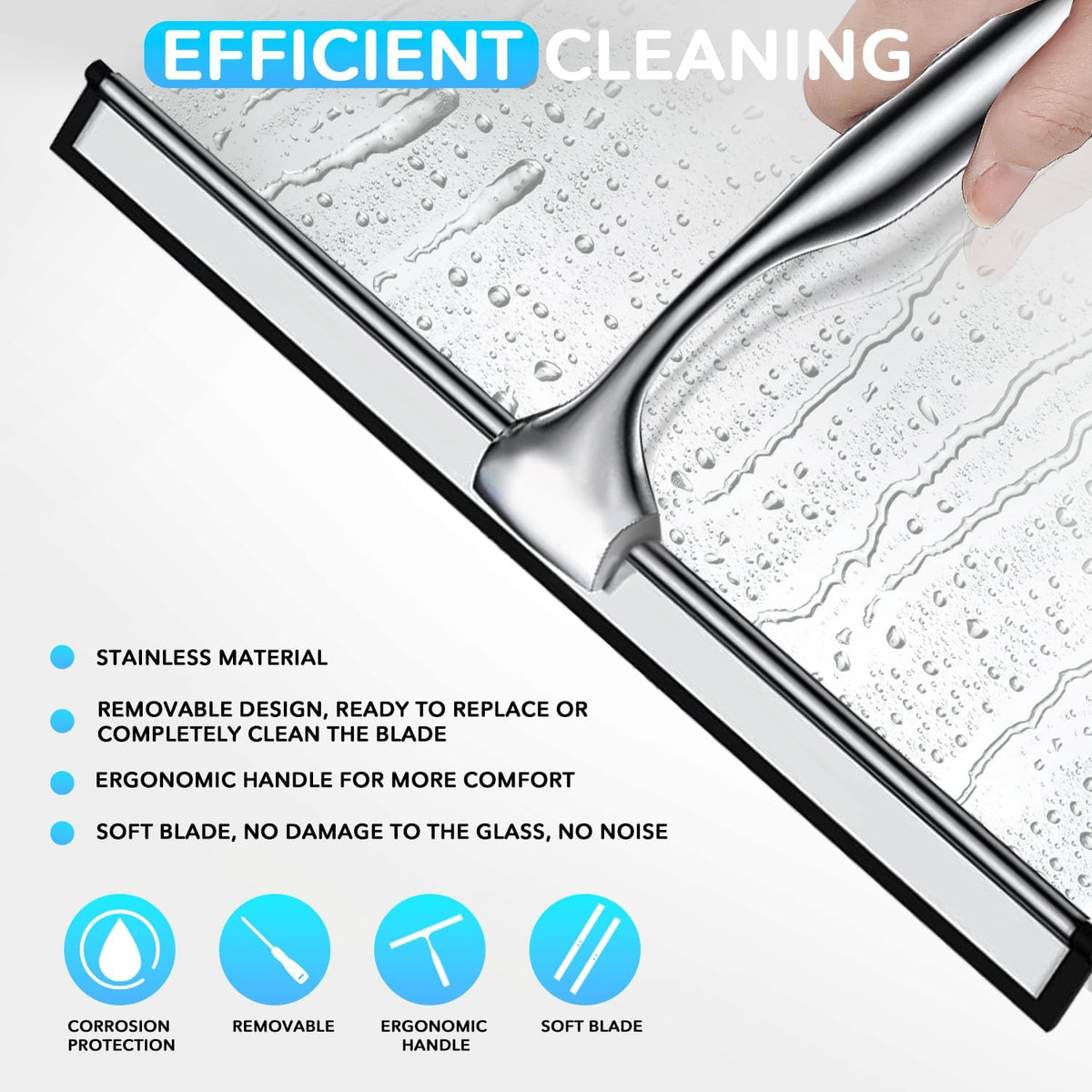 All-Purpose Shower Squeegee with Adhesive Hook for Cleaning Bathroom Glass Doors Car Window Mirrors and Tile Wall, Stainless Steel Handheld Glass Water Wiper Cleaner Removal Scraper Tool (Sliver, 10")