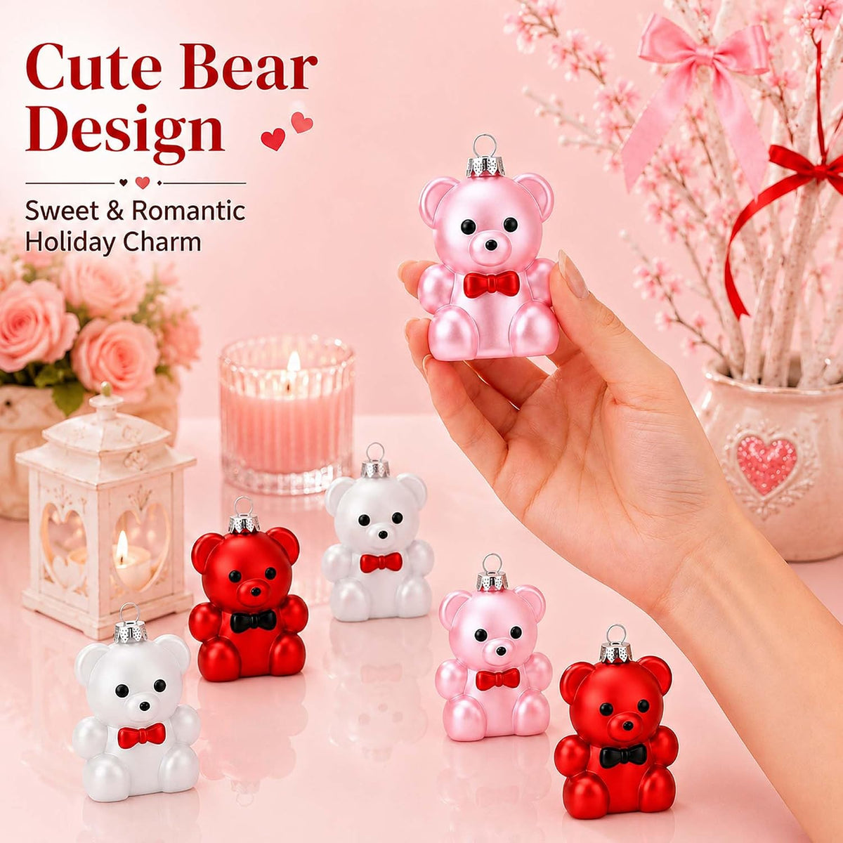 Set of 12 Valentines Tree Decorations, Bear Ornaments for Valentine Tree, Small Red Pink White Ornaments for Christmas Tree, Plastic Hanging Decorations for Party Wedding Anniversary Decor