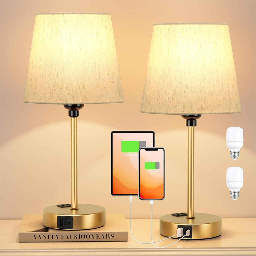Gold Bedside Lamps Set 2 for Bedroom - Dimmable Touch, USB C+A, AC Outlet