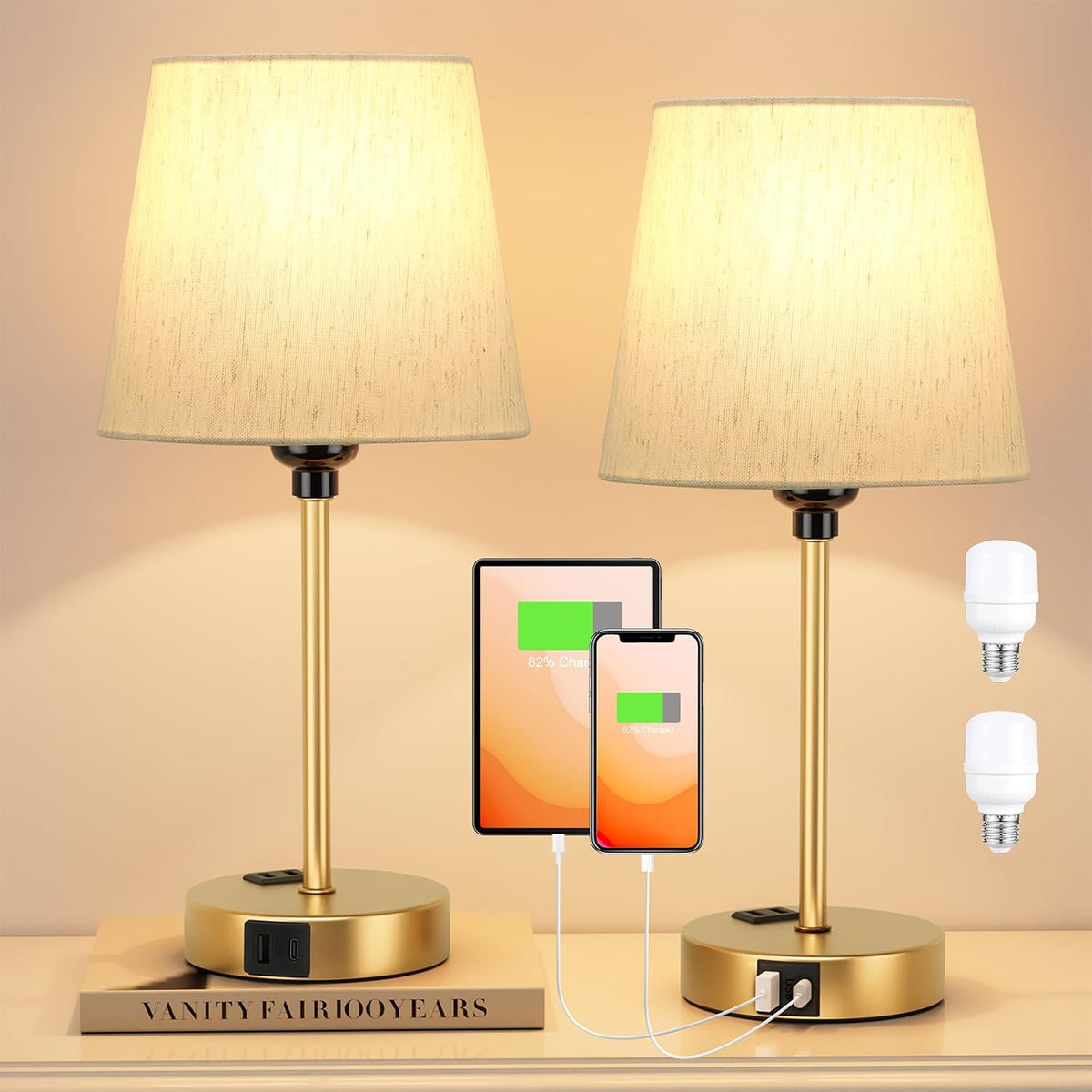 Gold Bedside Lamps Set 2 for Bedroom - Dimmable Touch, USB C+A, AC Outlet