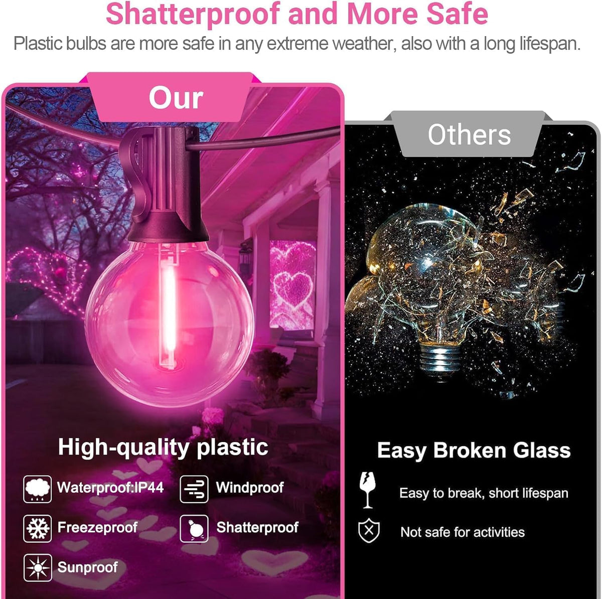 LAMPHOME 4 Pack 26FT Pink G40 LED Outdoor String Lights, Valentine's Day Decor with 13 Shatterproof Globe Bulbs, Waterproof Hanging Patio Lights or Balcony Backyard Garden Wedding Party Home Decor