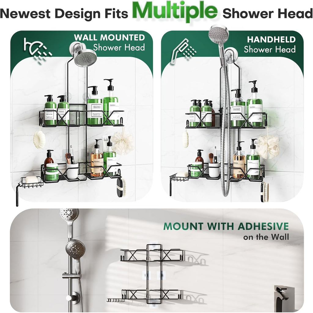 Sewulidon Stainless Steel Hanging Shower Caddy for Handheld Shower Heads,Adjustable Height Extra Long Bathroom Shower Organizer Hanger Rack with Hooks,Soap Holder