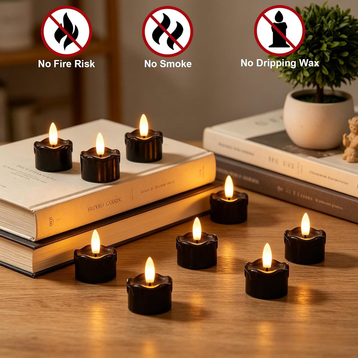 Wondise 12pcs Black Real Wax Halloween Flameless Tea Lights with 6H Timer