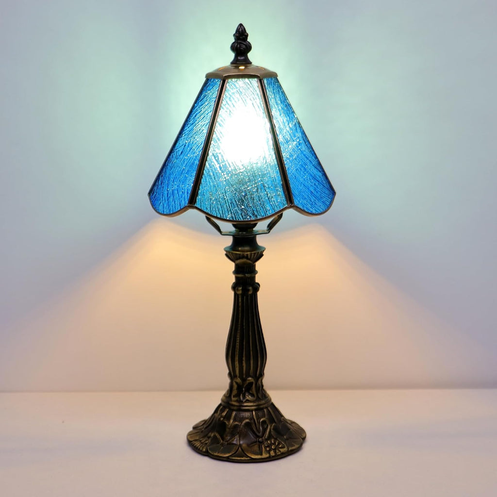 Tiffany Style Table Lamp Blue Rippled Stained Glass Lamp 14 Inch
