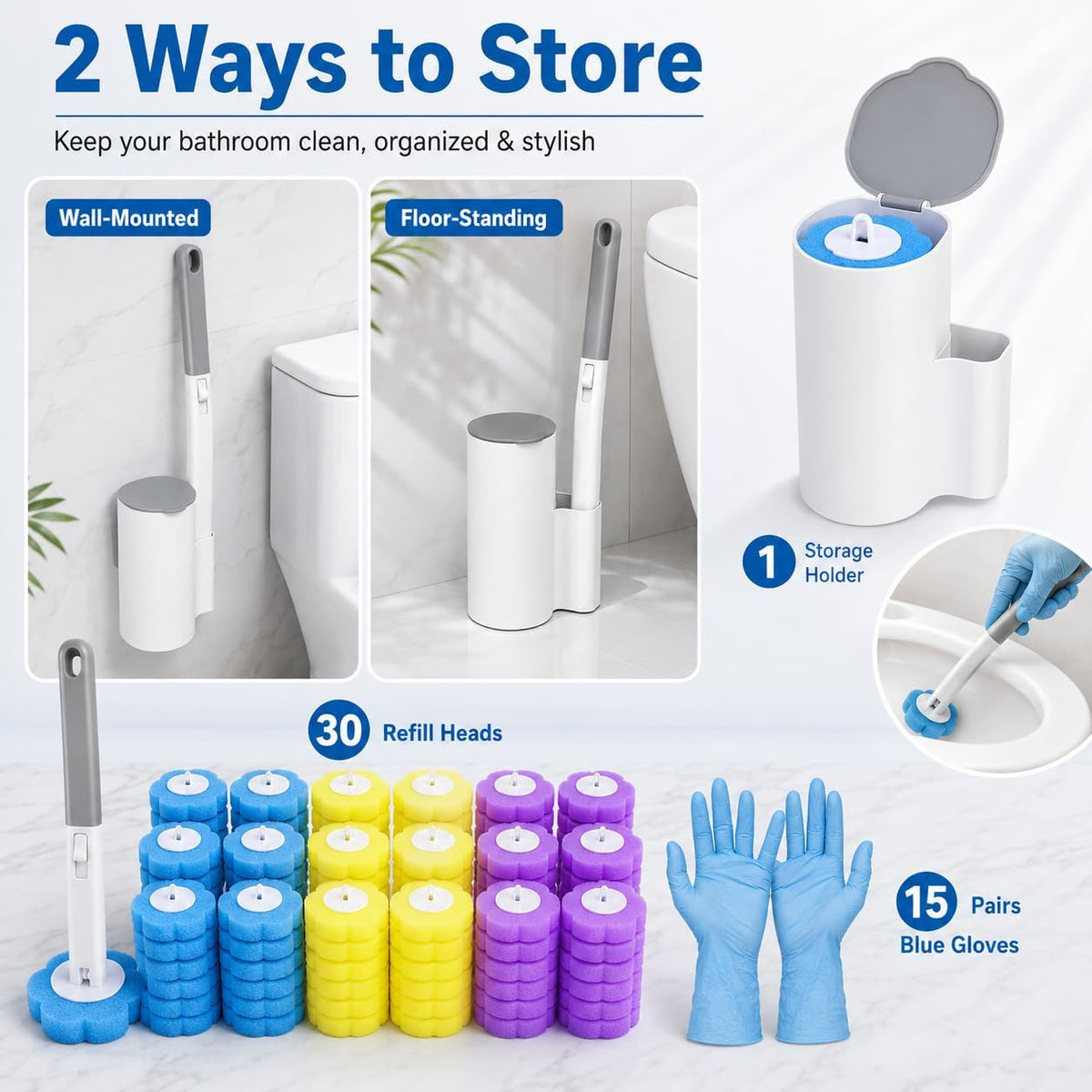 Upgraded 2026 Disposable Toilet Brush, Toilet Bowl Brush and Holder Set, Handle Auto Open Cleaners, Toilet Cleaning System with Storage Caddy for Sink 30 Wand Refills,15 Pairs of Gloves, Bathtub.