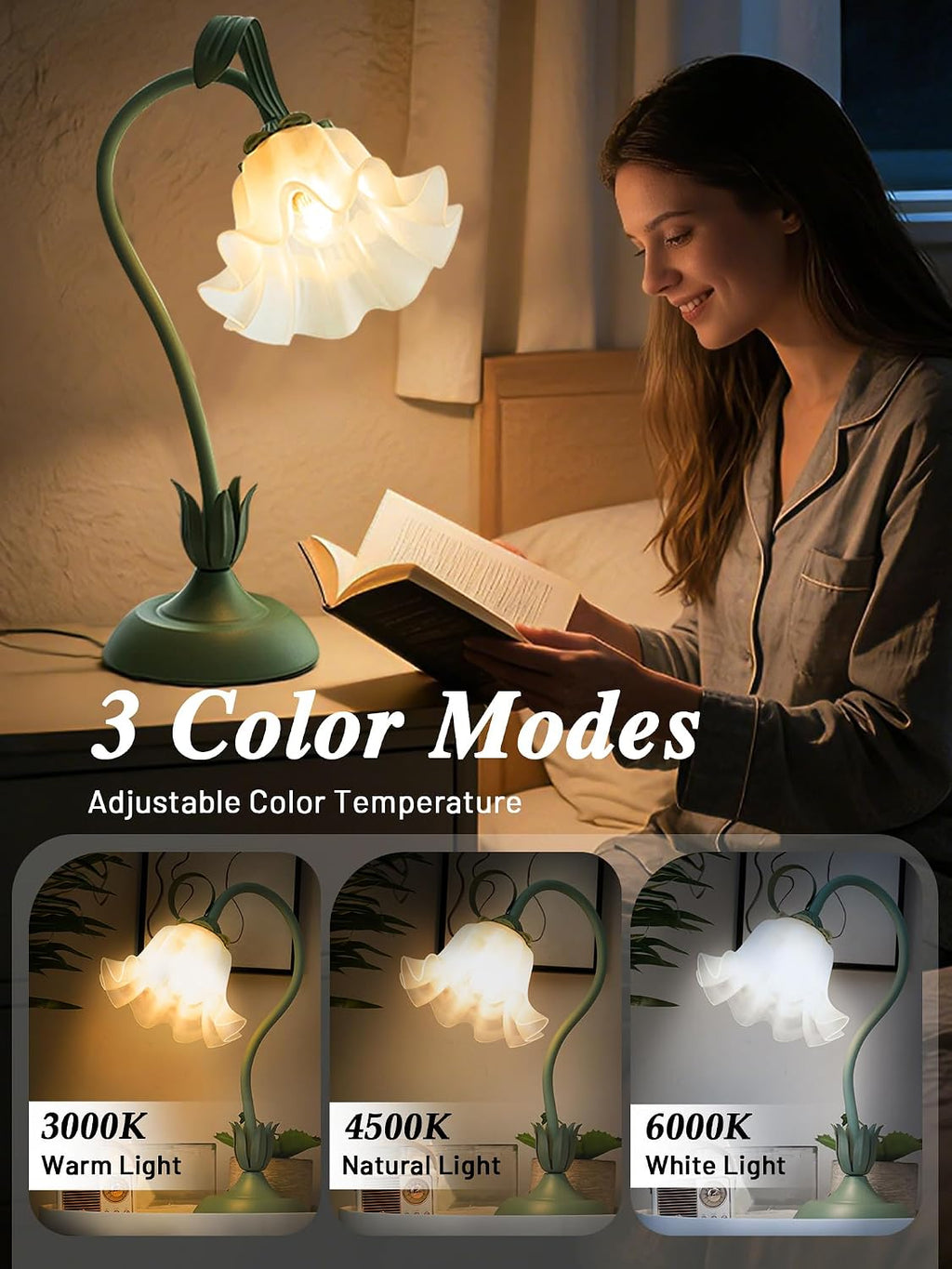 Bedside Table Lamp for Bedroom, Vintage Flower Table Lamps, LED Reading Light 3 Color Modes Bedside Lamps, Nightstand Lamp Kawaii Desk Lamps for Bedroom Living Room Home Decoration(Green lamp)