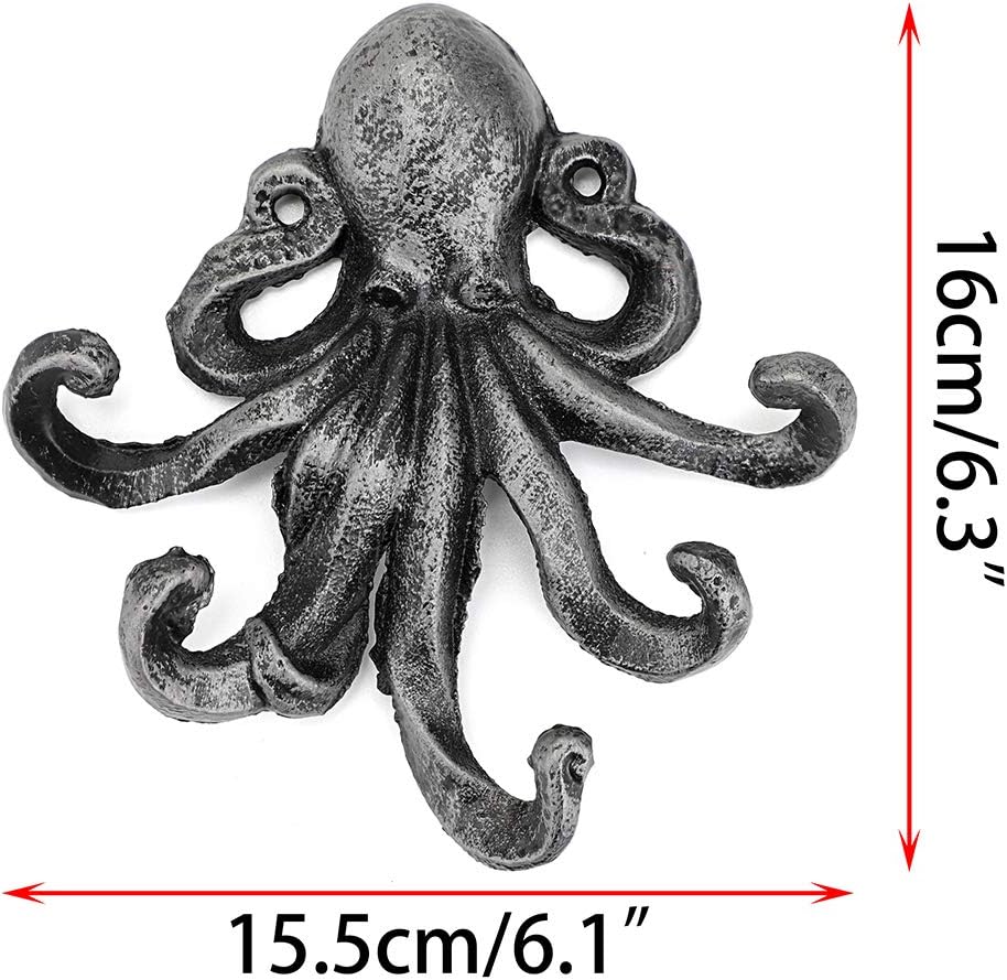 Sumnacon 6 Inch Cast Iron Octopus Decorative Coat Hook - Wall Mounted Nautical Hand Towel Rack Holder with Screws, Rustic Metal Clothing Hanger for Bedroom/Bathroom/Kitchen/Balcony, Silver