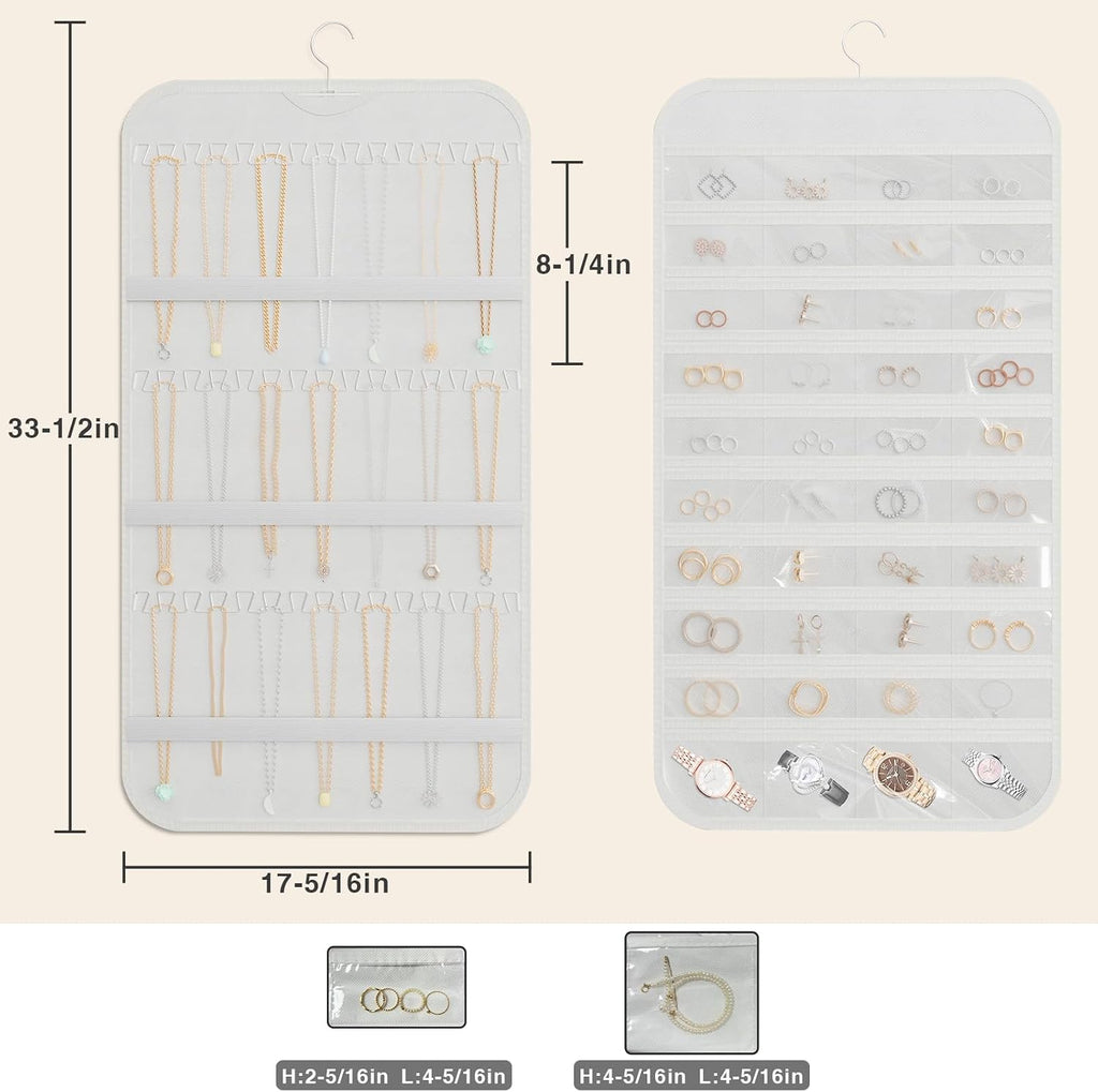 Double-Sided Hanging Jewelry Organizer for Necklaces Earrings, 2-Pack White