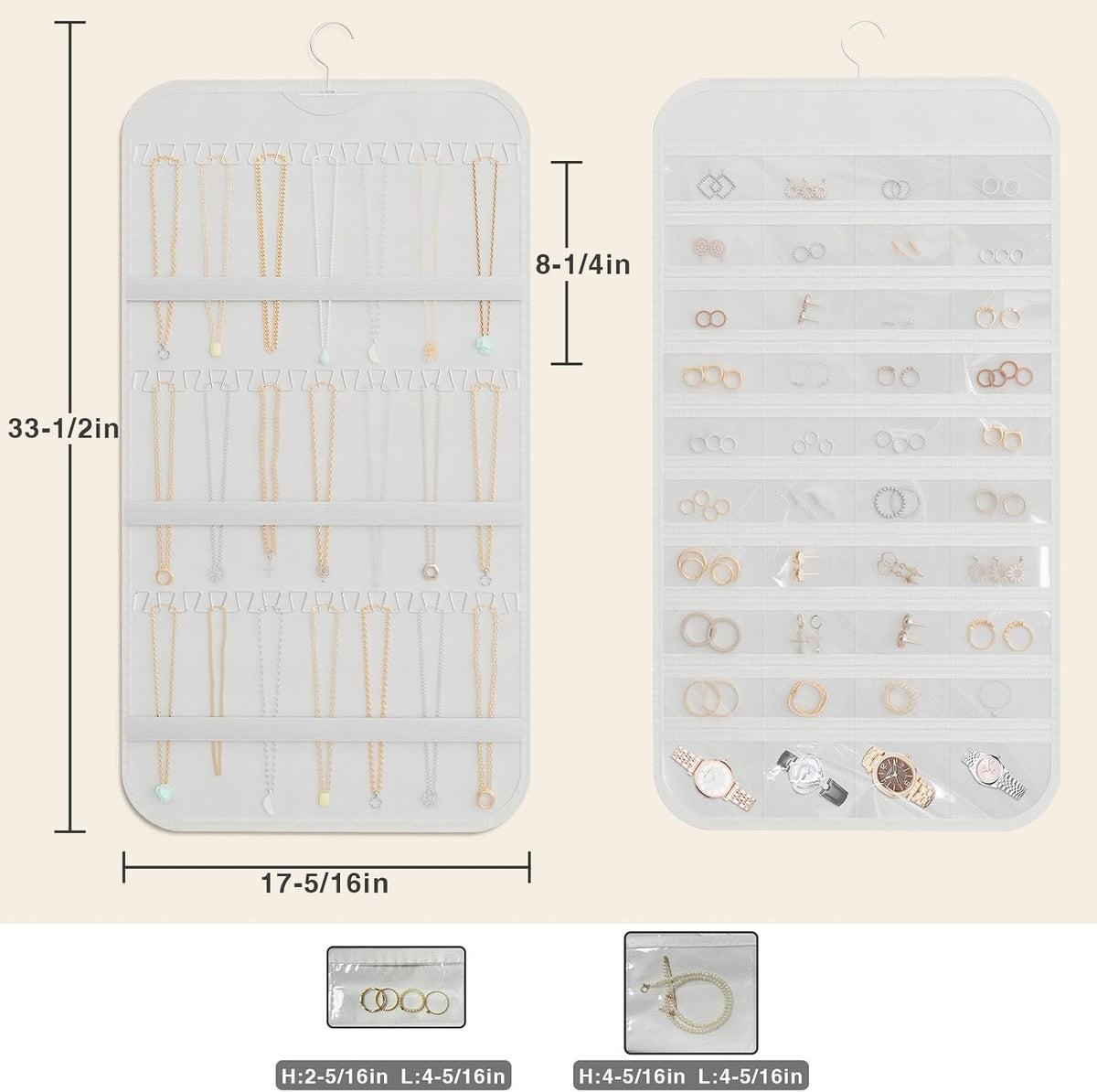 Double-Sided Hanging Jewelry Organizer for Necklaces Earrings, 2-Pack White