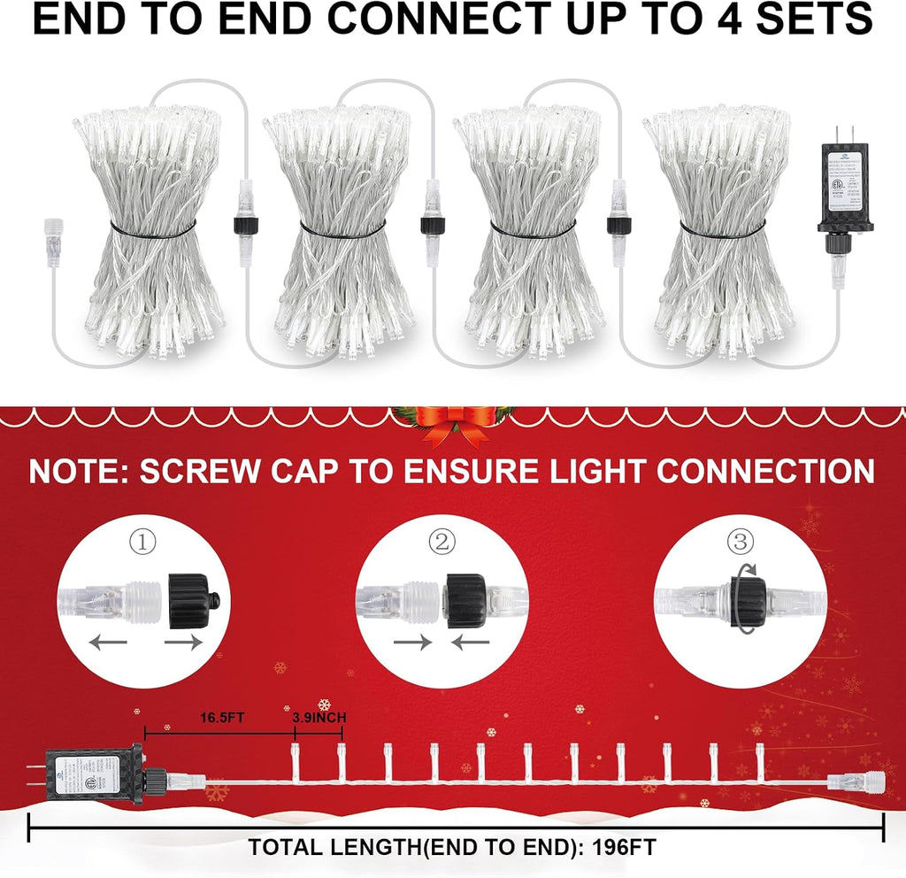 196FT 600LED Christmas Lights Plug in,Waterproof Fairy Lights with Plug 8 Modes,Lights Lighting Outside Indoor Garden Party Wedding Christmas Tree Decoration(Cool White)