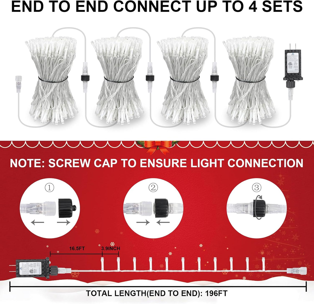 196FT 600LED Christmas Lights Plug in,Waterproof Fairy Lights with Plug 8 Modes,Lights Lighting Outside Indoor Garden Party Wedding Christmas Tree Decoration(Cool White)