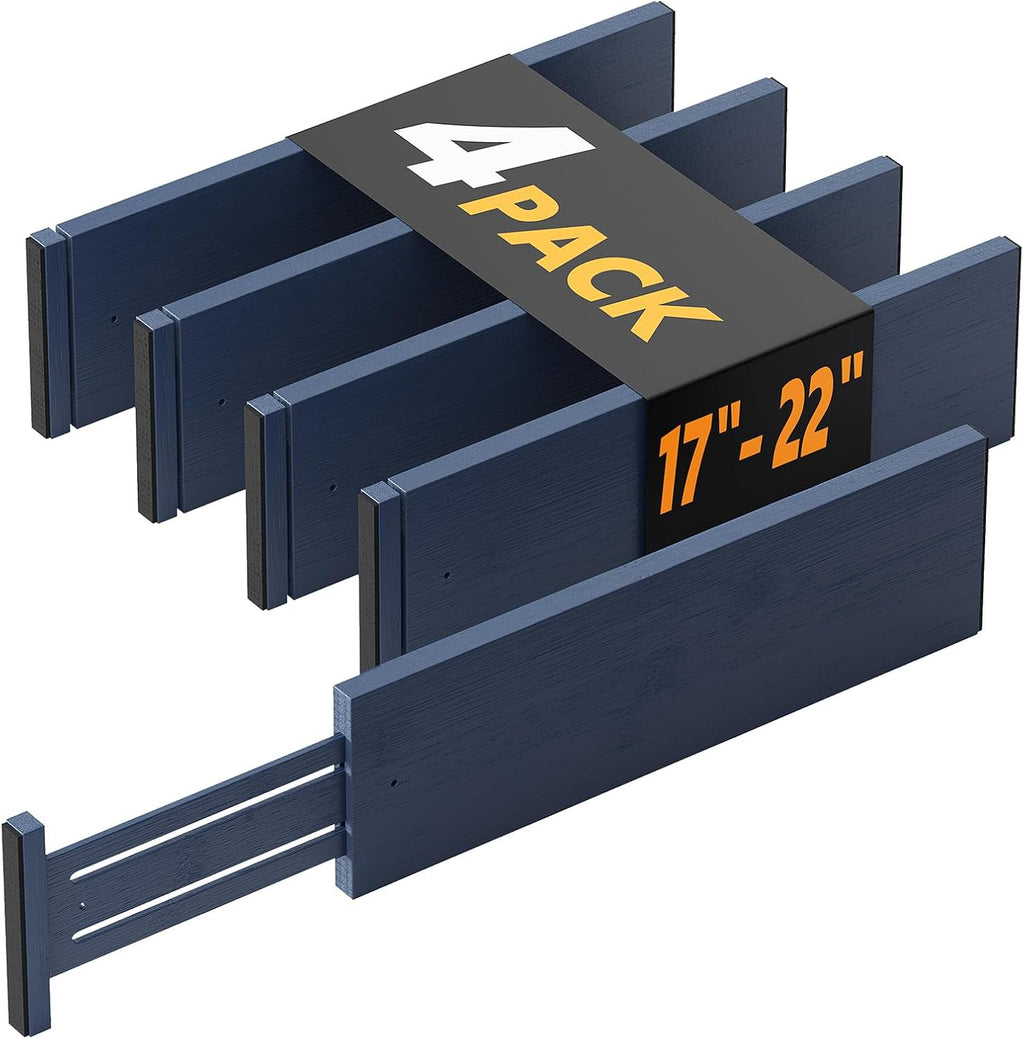 SpaceAid Bamboo 4 Pack Dresser Drawer Dividers, 4.65“ High Adjustable 17“-22” Drawer Organizers, Expandable Organization for Clothing, Clothes, Dressers, Navy Blue