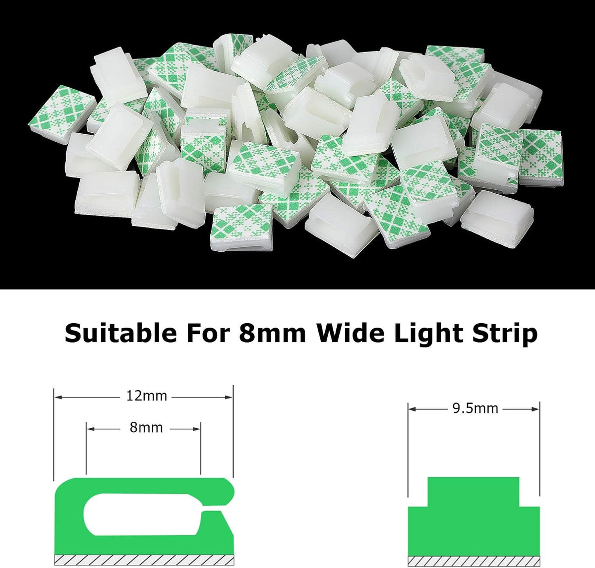 PETKNOWS 120Pcs Led Strip Light Clip Black Adhesive Holder for 8mm Tape