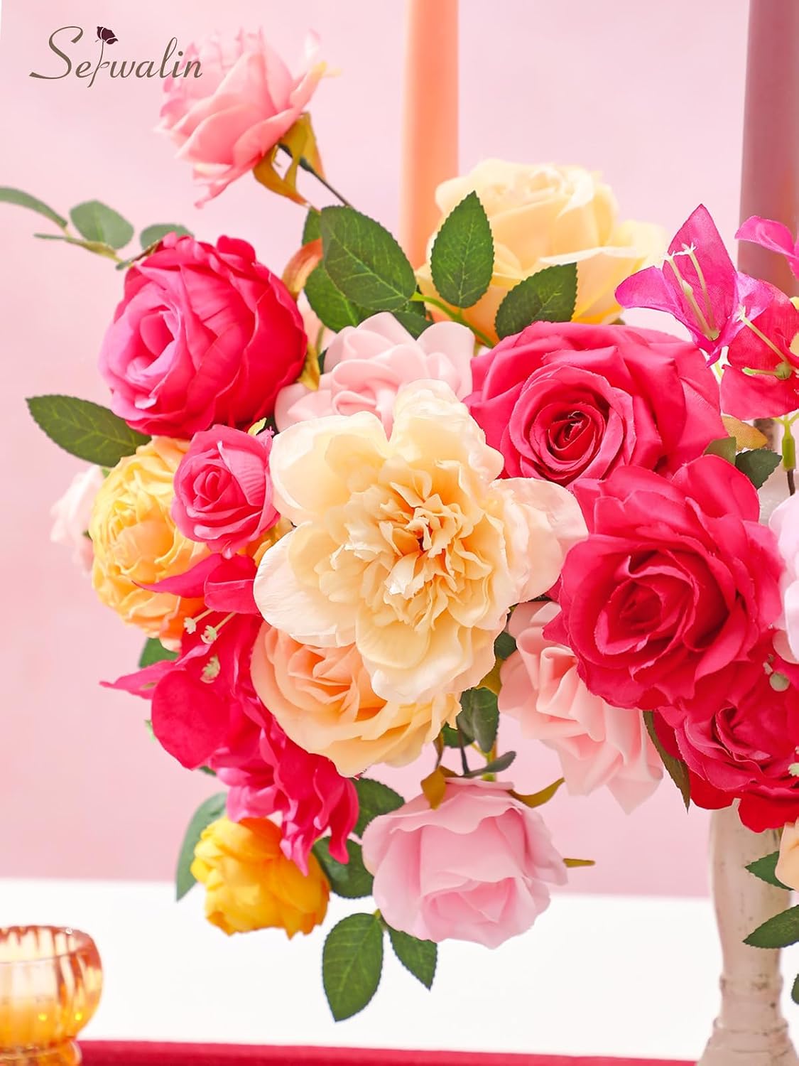 Serwalin Artificial Hot Pink Yellow Flowers Magenta Silk Flower for Wedding
