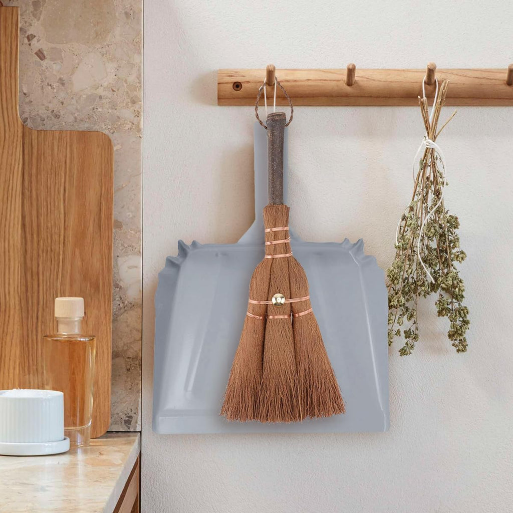 Small Metal Dust Pan and Brush for Fireplace, Garage, Shop, 9" Wide