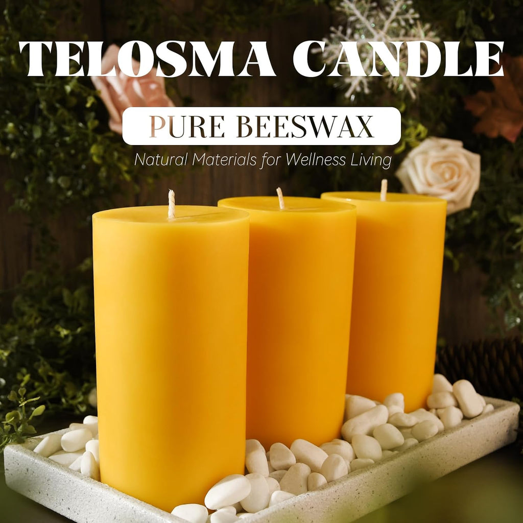 3 inch Thick Natural Yellow Beeswax Pillar Candles, 6 inch Tall - 3 Pack