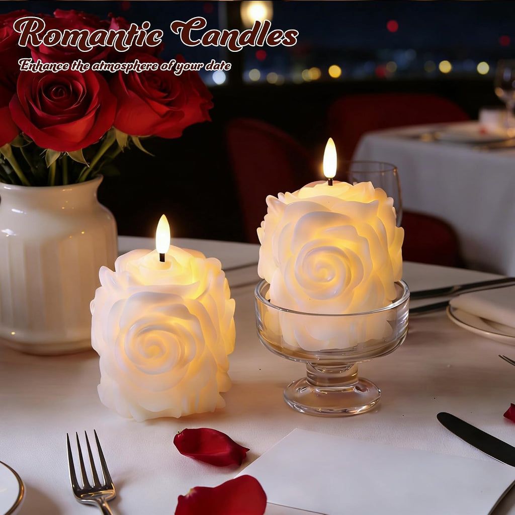 JOIONE Valentines Day White Rose Flameless LED Candles with Remote, 2 Pack