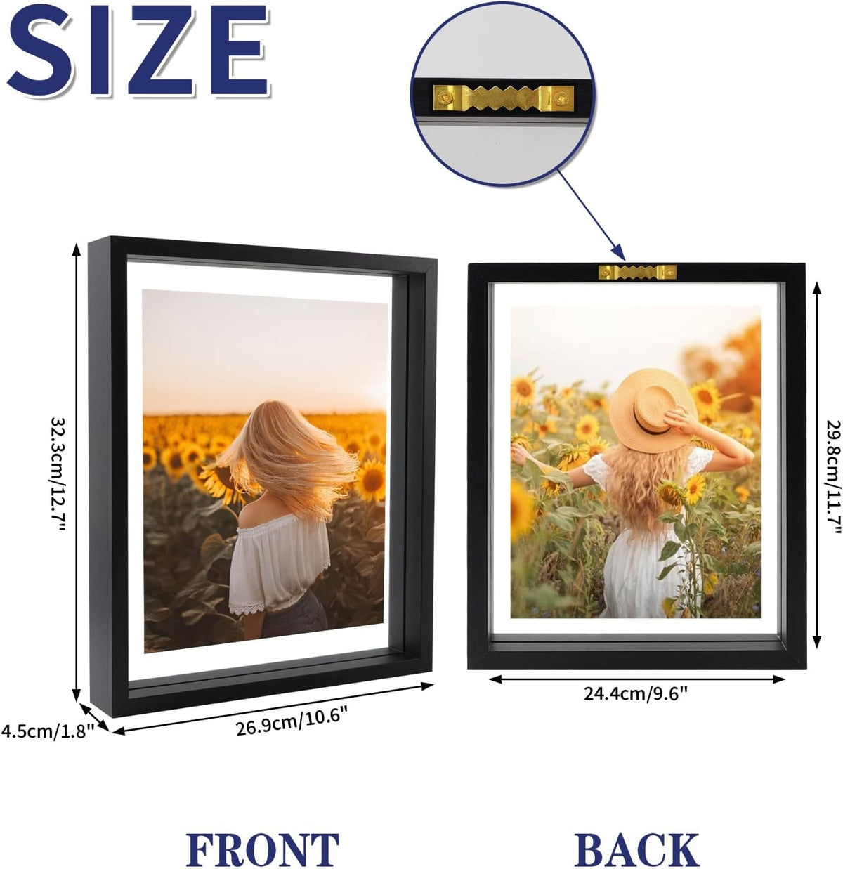 WIFTREY Black 8x10 Floating Picture Frame 2 Pack, Double Glass Distressed Floating Photo Frame for Tabletop or Wall Mount, Displays Photo up to 10x12