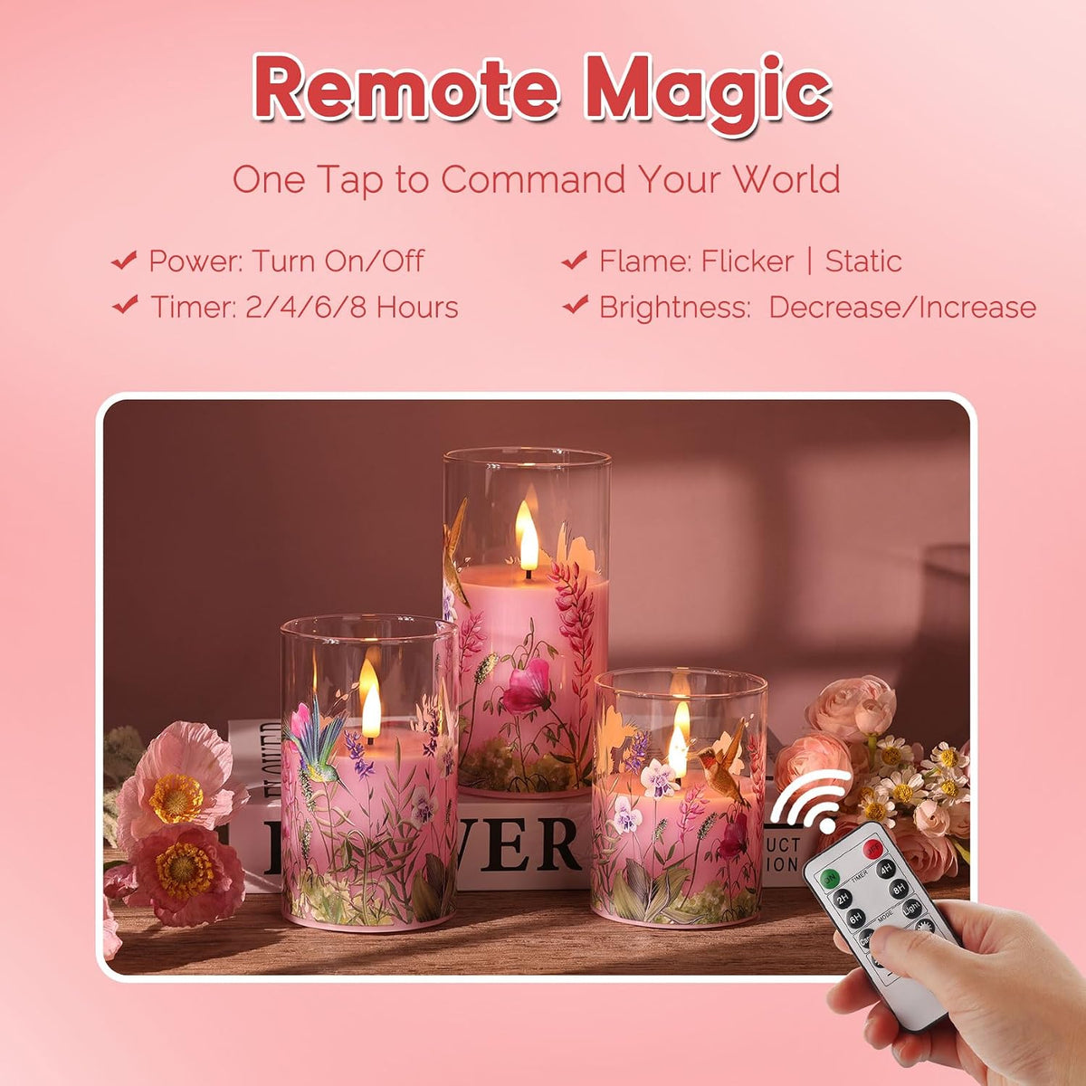 Pink Hummingbird Floral Glass LED Candles with Remote Set of 3