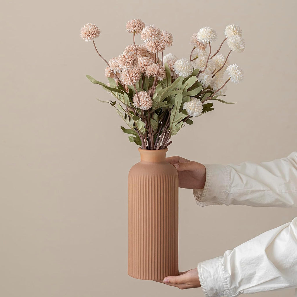 Coffee Ribbed Ceramic Vase for Flowers, Large Modern Textured Decorative Vase, 10 Inch Tall, Farmhouse Style Home Decor (Coffee)