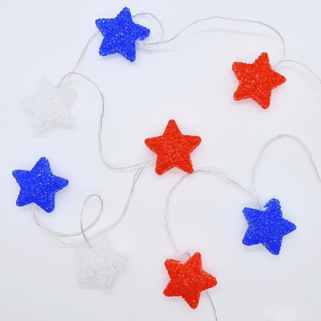 YOLIGHT 4th of July Decorations, Red White Blue Lights Star String Lights Battery Operated 6.5FT 10 LED Patriotic Fairy Light with Timer for Independence Day Memorial Day Decor, Indoor & Outdoor