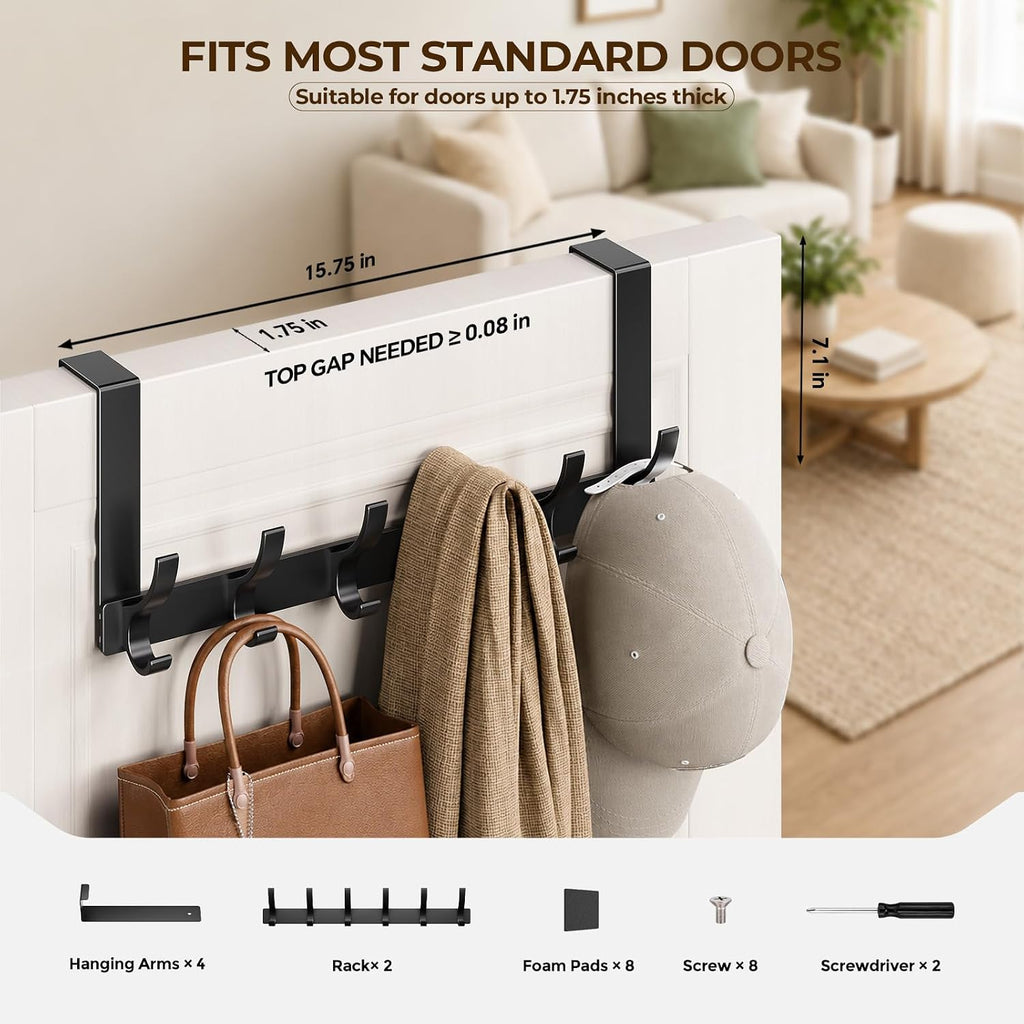 Optish Over The Door Hooks, Door Hanger Hooks for Hanging, Over The Doors Towel Racks for Bathroom with 12 Coat Hook, Coat Rack Bathroom Accessories（2 Pack, Black）