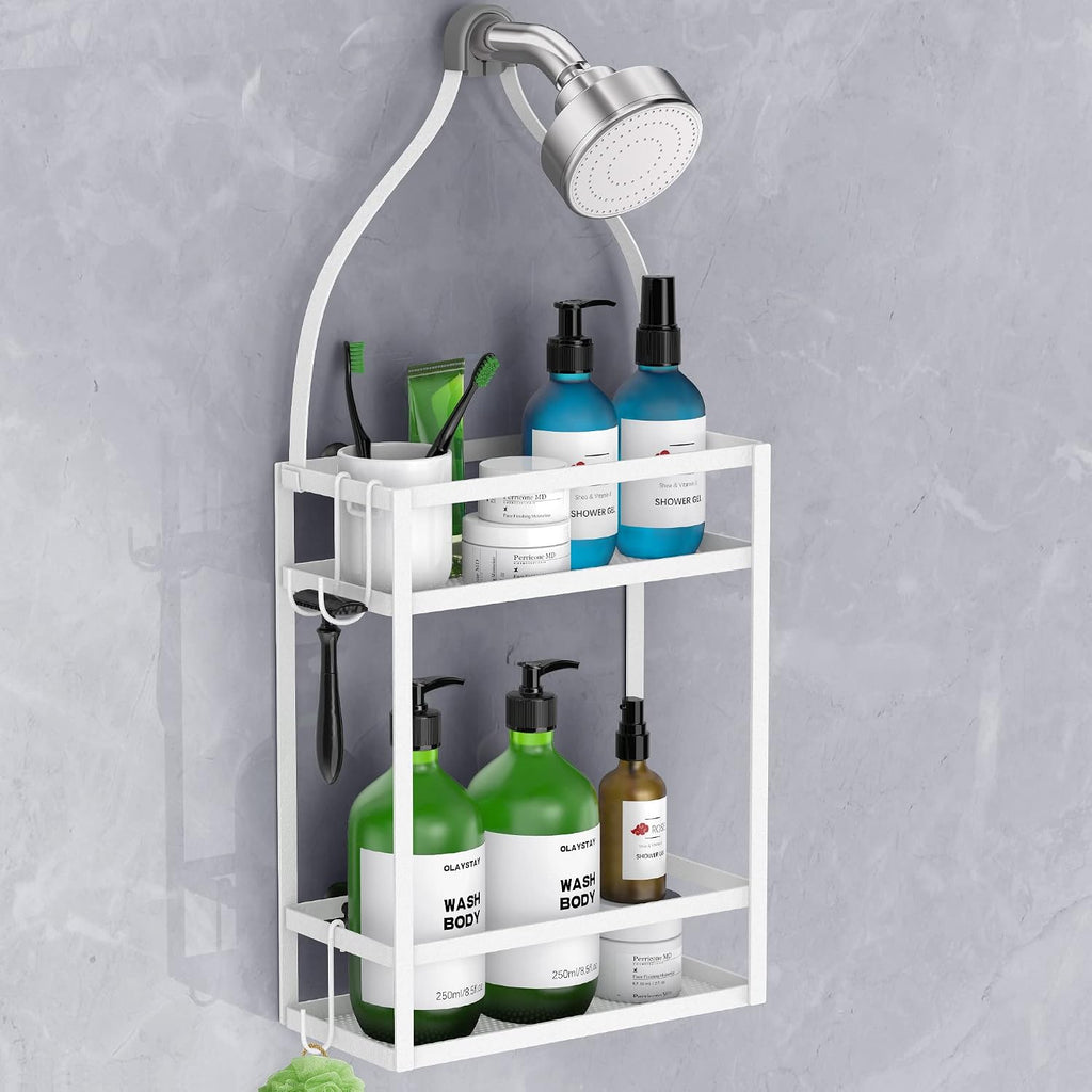 Meangood Shower Caddy 10.4" x 4.5" x 22.04" Hanging Shower Caddy Organizer Over Shower Head Big Capacity for Shampoo, Conditioner with Hooks for Razor/Sponge, White