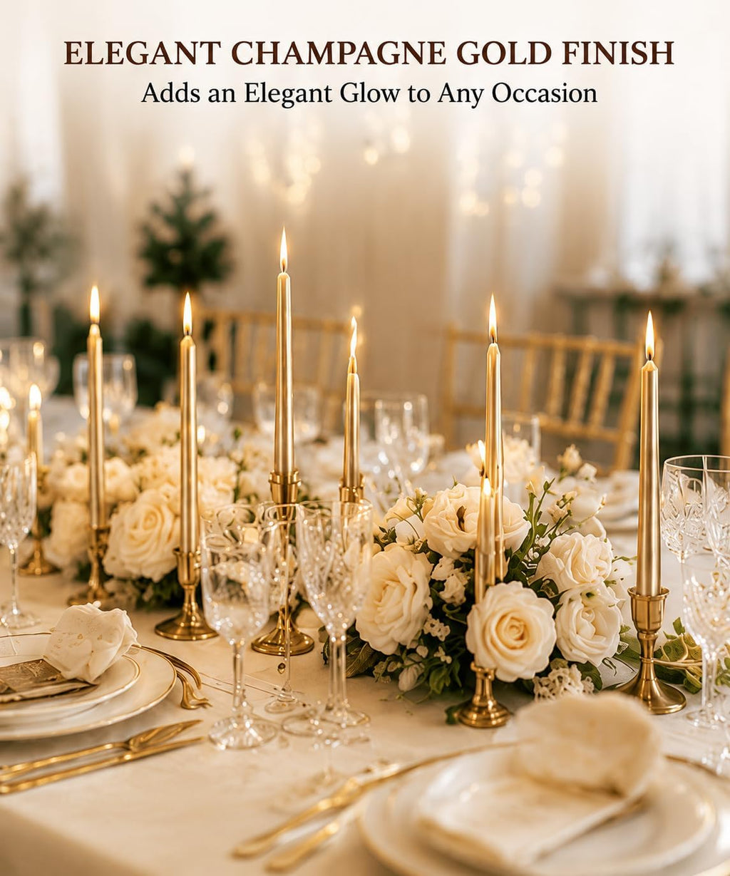 Champagne Gold Taper Candles 10 Inch, 12 Pack Metallic Unscented