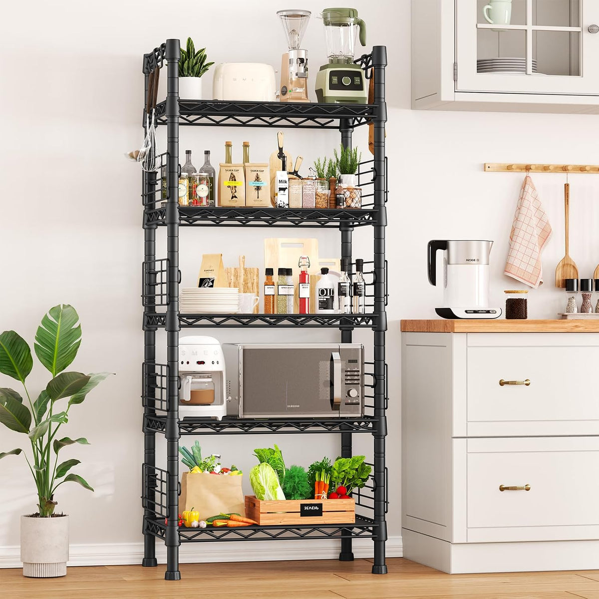 FUTASSI Metal Storage Rack, Storage Organizer Shelves for Kitchen, Black