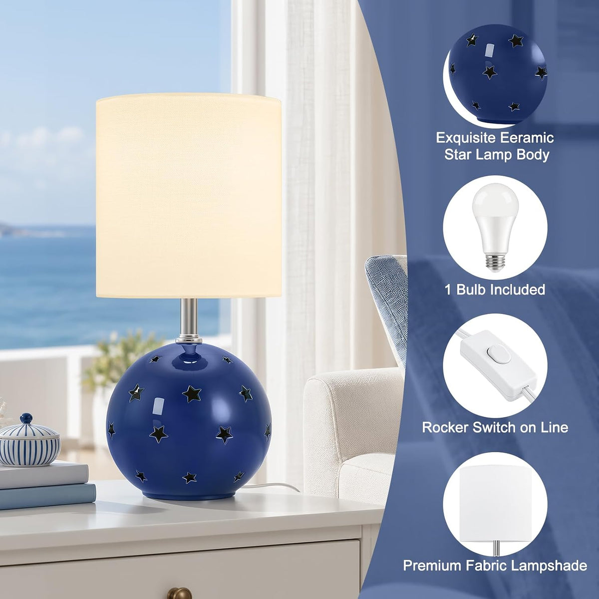 Small Table Lamp, 14" Navy Ceramic Bedside Lamp for Girls Kids Bedroom,Dorm