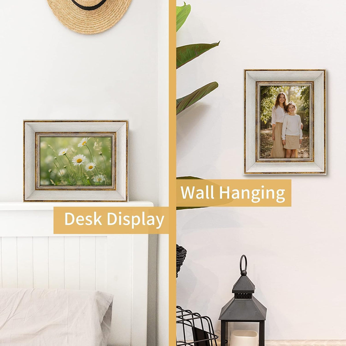 Sapowerntus Vintage 5x7 Picture Frame White Distressed Gold Edging Photo Frames