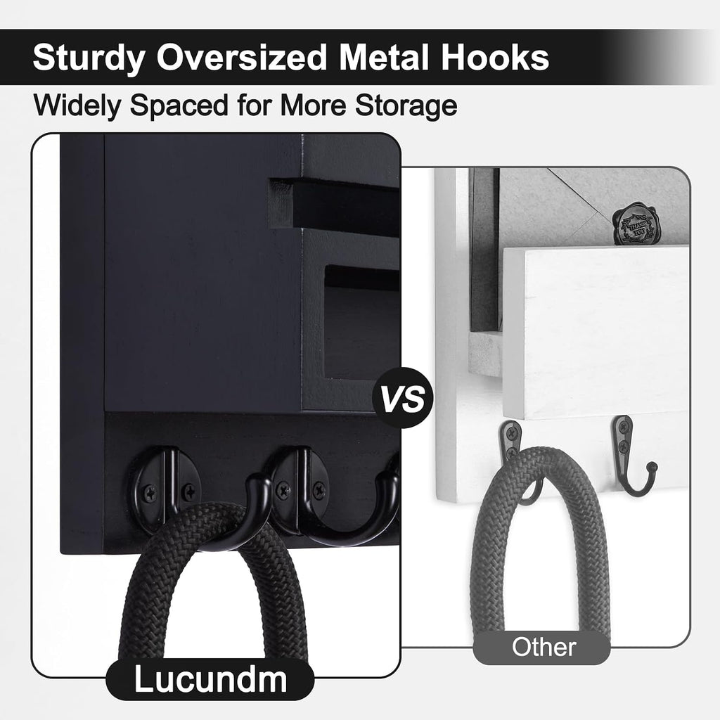 Key and Mail Holder Wall Mount, Key Hanger with Long Storage Box and 5 Hooks for Coat, Dog Leash, Home Decor Rack, House Accessories, Entry Way Organizer 11.8”W x 7.8”H x 3.2”D